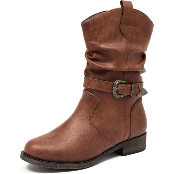 Veittes Womens Brown Low Chunky Heel Motorcycle Style Side Zipper Classic Boots - Picture 1 of 6